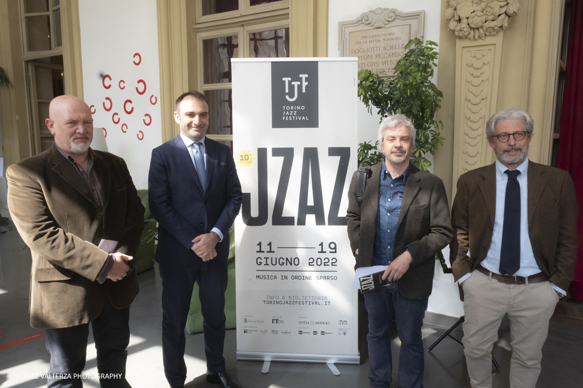 _DSF7809.jpg - 27/04/2022. Torino. Conferenza stampa di presentazione della decima edizione del Torino Jazz Festival. Nella foto Diego Borotti Direttore artistico, Stefano Lo Russo Sindaco di Torino, Giorgio Li Calzi Direttore Artistico,  Alessandro Isaia Segretario Generale della Fondazione per la Cultura Torino.