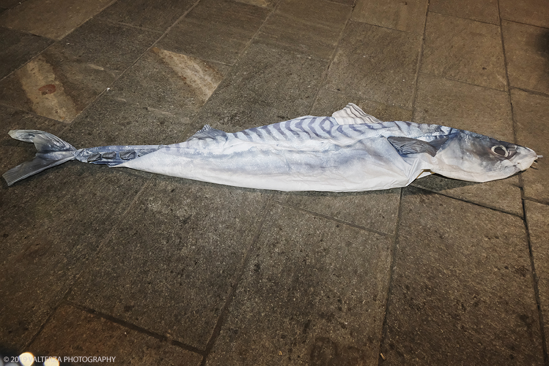 _DSF8453.jpg - 10/12/2019. Torino. Il movimento delle sardine manifesta in piazza Castello a Torino. Nella foto una sardina in attesa di collocazione in preparazione dell'evento