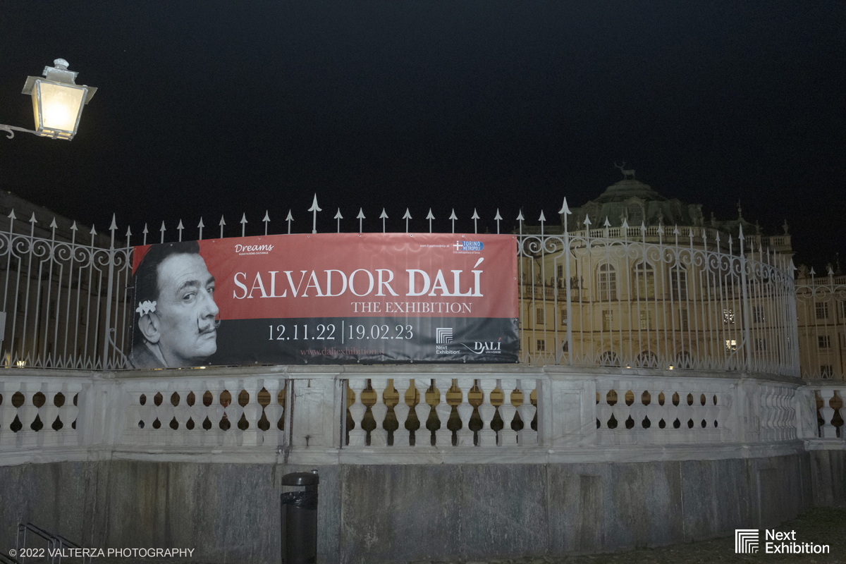 _DSF6842.jpg - 11/11/2022. Torino . Nelle antiche cucine della Palazzina di Caccia di Stupinigi dal 12 novembre 2022 al 19 febbraio 2023 il pubblico potrÃ  ammirare una mostra unica nel suo genere,  che espone diversi aspetti della produzione artistica di DalÃ­. Nella foto l'area esterna di ingresso alla mostra