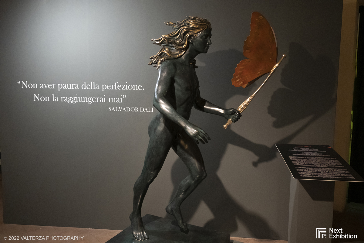 _DSF6907.jpg - 11/11/2022. Torino . Nelle antiche cucine della Palazzina di Caccia di Stupinigi dal 12 novembre 2022 al 19 febbraio 2023 il pubblico potrÃ  ammirare una mostra unica nel suo genere,  che espone diversi aspetti della produzione artistica di DalÃ­. Nella foto opera l'uomo con la farfalla, statua in bronzo 1984