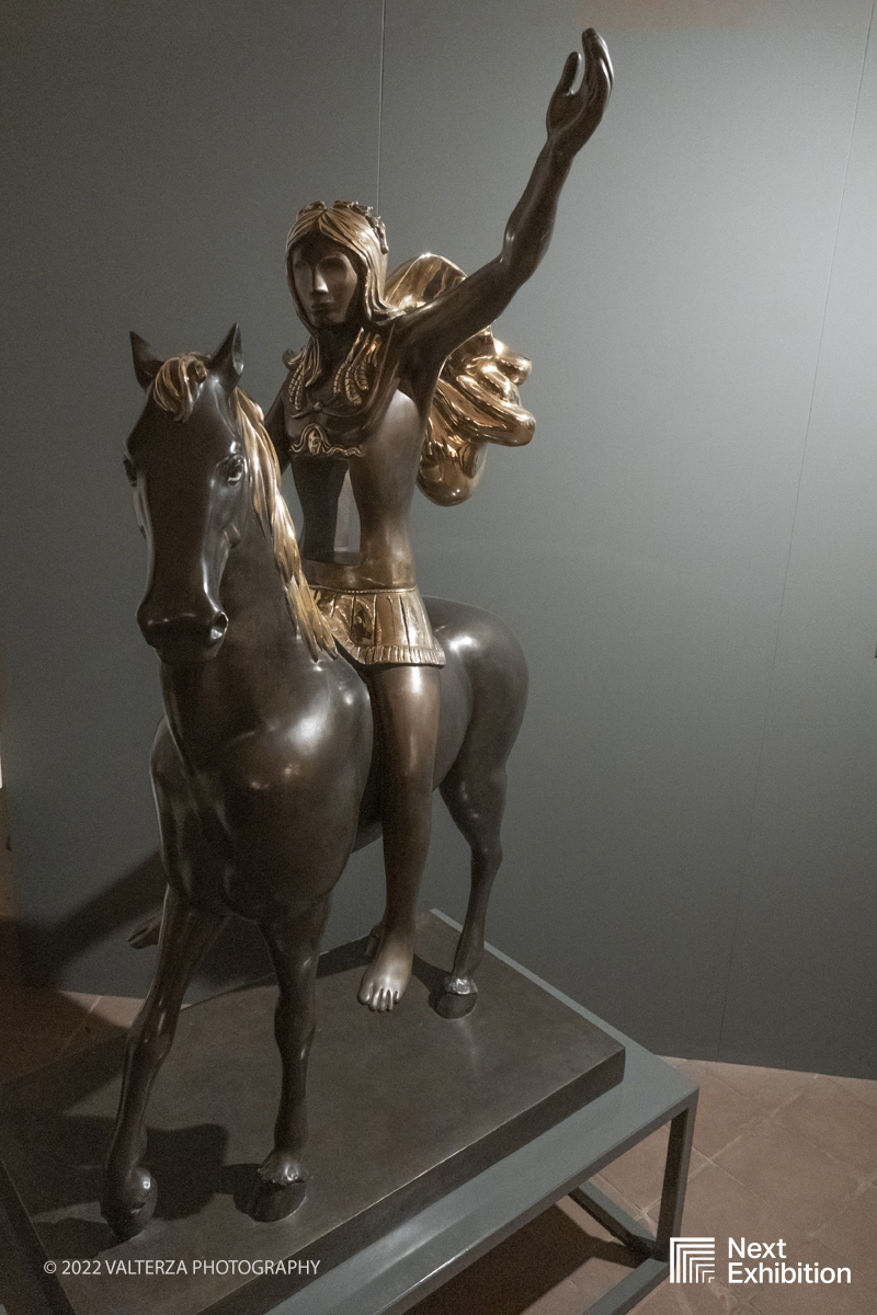 _DSF7272.jpg - 11/11/2022. Torino . Nelle antiche cucine della Palazzina di Caccia di Stupinigi dal 12 novembre 2022 al 19 febbraio 2023 il pubblico potrÃ  ammirare una mostra unica nel suo genere,  che espone diversi aspetti della produzione artistica di DalÃ­. Nella foto l'opera Cavaliere surrealista, statua in bronzo 1984
