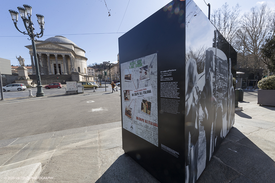 _G3I2645.jpg - 27/02/2020. Torino. Nei punti della cittÃ  dove sono stati realizzati film importanti, sono allestiti supporti di forte impatto visivo e iconografico ( totem) per unâ€™accoglienza immersiva e suggestiva in una Torino â€˜cinema friendlyâ€™. In questo modo 20 luoghi â€˜cinematograficamenteâ€™ significativi come piazze e palazzi del centro cittadino sono le tappe di un percorso che permette di rivivere la storia del cinema torinese attraverso i 20 film piÃ¹ significativi. Nella foto il totem di The italian job, Peter Collinson nel 1969. Piazza Gran Madre
