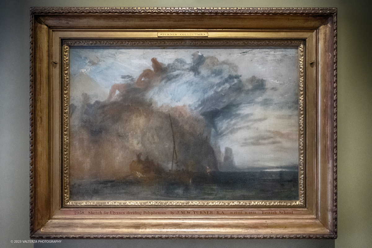 _DSF7005.jpg - 12/10/2023. Venaria Reale. La Reggia di Venaria prosegue anche la collaborazione con la Tate UK celebrando il grande pittore romantico inglese: Joseph Mallord William Turner (1775-1851). La mostra, curata dalla storica dellâ€™arte inglese Anne Lyles, presenta dal 13 ottobre 2023 al 28 gennaio 2024 la selezione di una quarantina di opere provenienti dal celebre museo londinese. Nella foto JMW Turner bozzetto per Ulisse che deride Polifemo 1827-1828 ca
