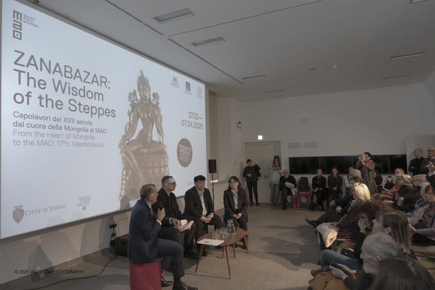 DSCF3122.jpg - 26/02/2026. Torino.  Zanabazar: The Wisdom of the Steppes. Capolavori del XVII secolo dal cuore della Mongolia al MAO. Nella foto un momento della presentazione della nuova mostra con Davide Quadri Direttore del MAO di Torino.,  Massimo Broccio Presidente della Fondazione Torino Musei e i rappresentanti del Chinggis Khaan National Museum di Ulaanbaatar