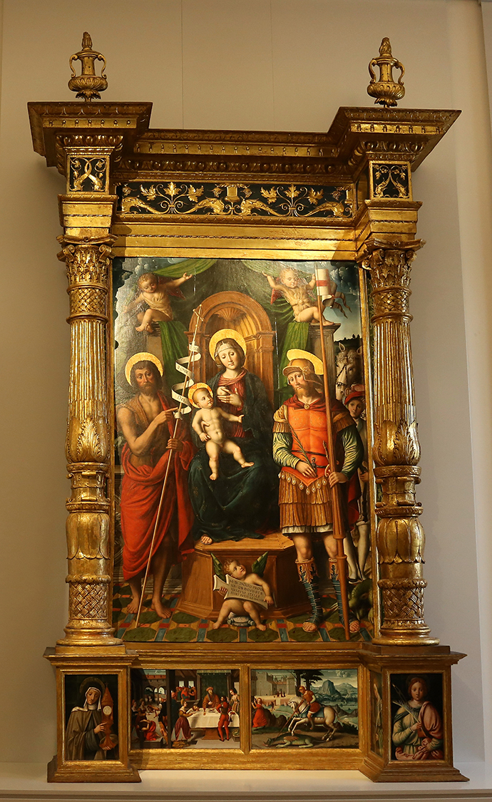 GalleriaSabauda_107.JPG - Fermo Stella  Caravaggio, Bergamo, notizie dal 1510 al 1562  Madonna in trono con il Bambino e i santi Ciovanni Battista e Giorgio;  Decollazione del Battista, San Giorgio e il drago; Le sante Chiara, Lucia, Barbara e Apollonia