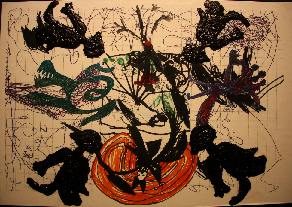 IMG_8979.JPG - Agnese Ricchi - La paura mangia l'anima - 2014 - collage di disegni e tempere infantili 46 x 64 cm